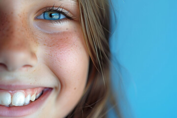 A closeup photo portrait of a beautiful girl. Close up portrait of face. Dental care. Dentistry concept.