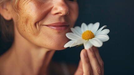 Obraz na płótnie Canvas Cropped image of beautiful mid aged woman posing with flower. Concept of menopause. Caring for your skin in menopause. Estrogens and aging skin. Advertising facial anti age products, tighten skin 