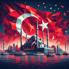 Turkish flag in Low Poly style, crafted using geometric shapes. Flag behind a mosque. Digital art, created using generative AI