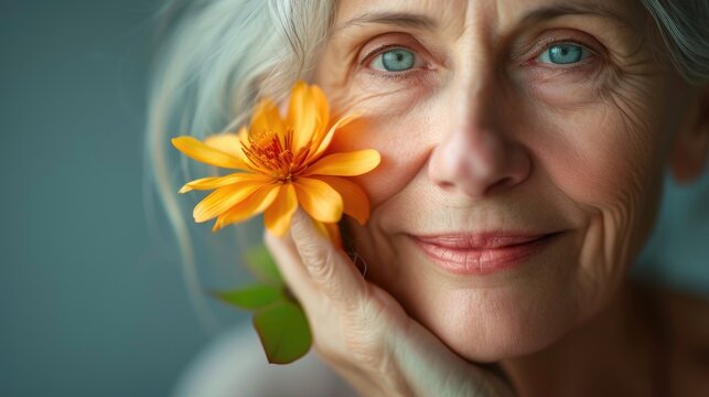 Cropped image of beautiful mid aged woman posing with flower. Concept of menopause. Caring for your skin in menopause. Estrogens and aging skin. Advertising facial anti age products, tighten skin 