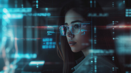  Businesswoman Visionary Analyst Engaging with Augmented Reality Data  