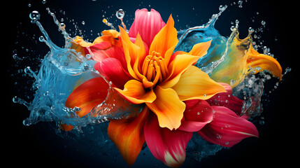 orange lily in water,,
There is a flower that is in the water with a splash 