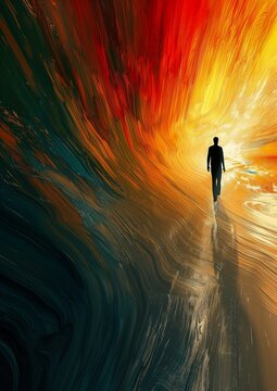 man walking tunnel deep flares city rising ashes lonely human path based unbiased spiritual evolution interconnected impactful graphic design chalk