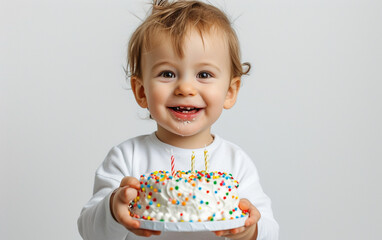 Cute smiling baby boy holding a birthday cake