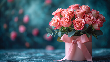 Beautiful bouquet flowers pink roses in vase and gift box with satin bow on pastel pink background...