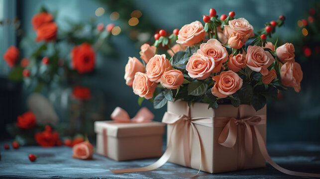 Beautiful bouquet flowers pink roses in vase and gift box with satin bow on pastel pink background table. Birthday, Wedding, Mother's Day, Valentine's day, Women's Day. Front view