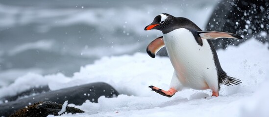 A flightless bird, the Adélie penguin stands on its hind legs in the snowy terrain, showcasing its beak and adapting to its terrestrial, icy environment.