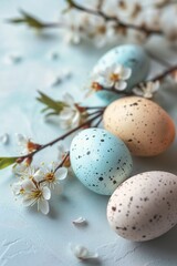 Fototapeta na wymiar three eggs speckled sitting branch flower decorations holding easter caseless ammunition luminous color offering zeus white pale blue festive interconnections ratio young
