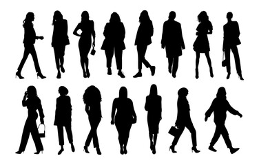Silhouettes of diverse business women standing, walking full length, front, side view. Vector black monochrome outline illustrations isolated on white background.