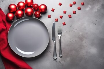 Empty plate with cutlery surrounded by red balls and hearts top view. Mockup for displaying food with copy space, Valentine's day, Mother's day, Women's Day and love concept. - obrazy, fototapety, plakaty
