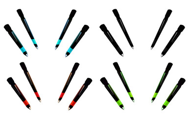 Pens with blue , black , red , green ink in the writing position on isolated transparent background