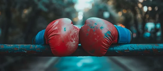 Foto op Aluminium Red boxing gloves on a bench with bokeh background. sport equipment outdoor. passion for boxing concept. AI © Irina Ukrainets