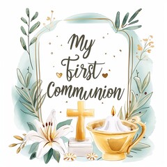My first communion, written in stylish typography with subtle heart accents. card - obrazy, fototapety, plakaty