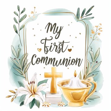 My first communion, written in stylish typography with subtle heart accents. card