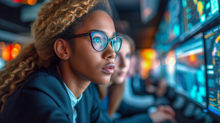 A young black female marketing analyst looks at a modern digital display with commercial and marketing data about the company's activities.