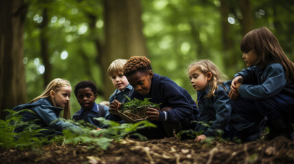 Forest school. Enthusiastic youngsters embrace nature in a forest school lesson, fostering curiosity, teamwork, and joy. The vibrant green environment becomes their dynamic outdoor classroom.