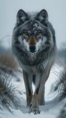 Obraz premium wolf walking snow yellow eyes human staring blankly ahead bite seductive powerful portrait fin arrogant sinister attitude narcissist outlaw looking left elder greed
