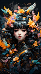Portrait of a woman surrounded by flowers AND birds. Fantasy, dark style. 