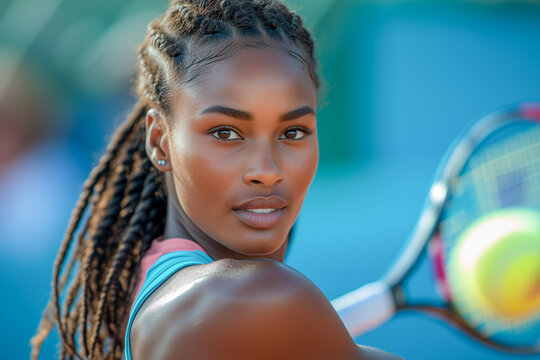 Portrait of beautiful African-American female athlete playing tennis.