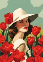 woman hat dress standing among red tulips retro miles tulip magazine cover face stunningly imaginative spring