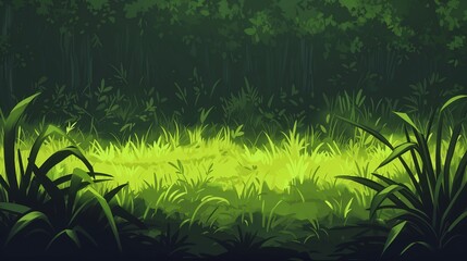 closeup green grass field trees background academia jungle young mysterious ambient lighting foliage fireflies limited palette overlord