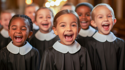 Cute adorable happy diverse children singing in the church choir.