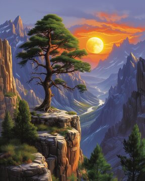 lone tree cliff overlooking valley sun rises two mountains flaming forest midst high color