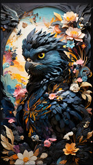 Dark bird surrounded by flowers.