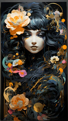 Portrait of a woman surrounded by flowers. Dark style.