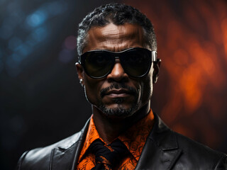 Black man with sunglasses. Futuristic style portrait. Photography.