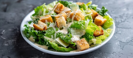 A close-up of a Caesar salad, a popular dish in cuisine, consisting of leaf vegetables, ingredients, and tableware on a table.