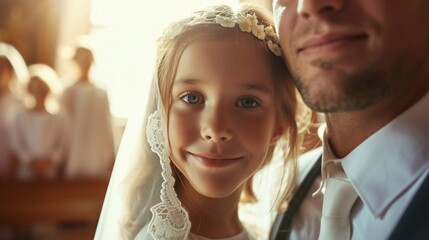 Portrait  little girl on her first day of communion on church with her father and mother