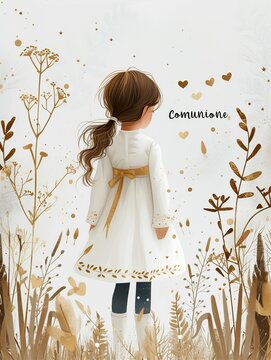 My first Comunione, stylish typography with beautiful girls with white dress and flower frame