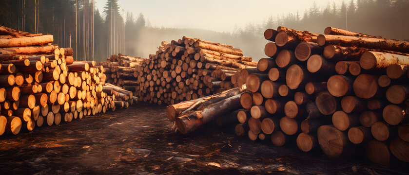 Holzstämme abgeholz und aufeinander gestapelt im Regenwald / Wald