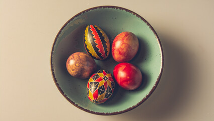 Easter eggs in a bowl on a light background with copy space