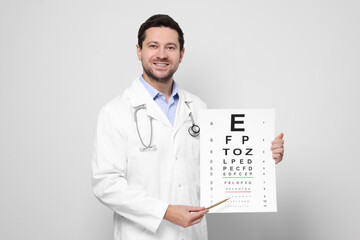 Ophthalmologist pointing at vision test chart on light background