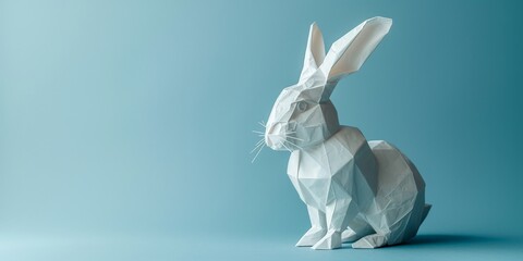White Origami Rabbit Sculpture on Serene Blue Background