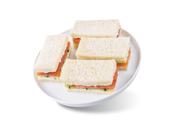 Salmon cucumber dill cream cheese tea sandwich on a white isolated background