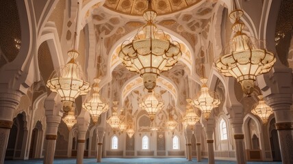 Fototapeta na wymiar The mosque is decorated with chandeliers, lanterns and beautiful Arabic calligraphy.