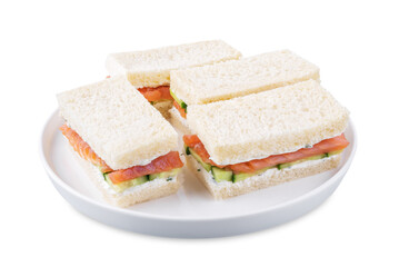Salmon cucumber dill cream cheese tea sandwich on a white isolated background