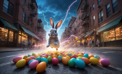 Foto op Aluminium Happy easter bunny jumping with joy with many easter eggs in a basket Happy easter greeting banner or card with fun bunny, jumping. Generative AI © Sanita
