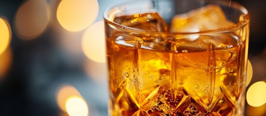 A detailed shot of a liquid-filled glass, containing a rusty nail cocktail made with whiskey, ice cubes, and amber-colored cognac.