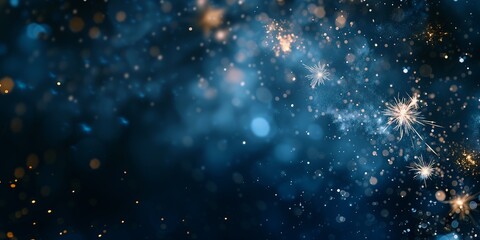 Fototapeta na wymiar sparklers air blue background night sky snowflakes galactic gold dreams wearing sparkling dress banner