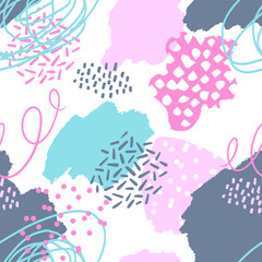 Abstract seamless chaotic print with spot and hand draw elements. Grunge texture background. Wallpaper for girls. Fashion style pattern