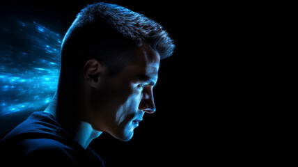 side profile view, man's face, illuminated by blue light from phone, dark background