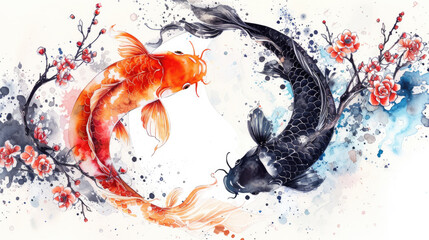 Koi carp ying yang fish with flower and waves asian concept art - obrazy, fototapety, plakaty