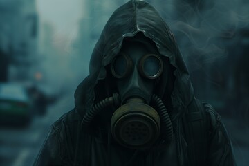 man gas mask standing city street hacker wearing hood profile modern attire paranoid lenses riot background dead peoples haze - obrazy, fototapety, plakaty