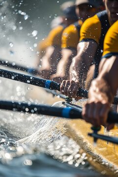 A close-up view of a men&rsquo;s rowing team
