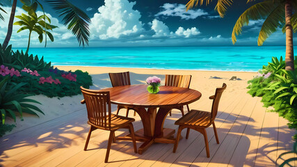 Illustration outdoor seating next to serene beach with wood deck and table