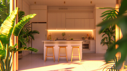 Elegant Modern Kitchen, Luxurious Interior Design with Clean Lines and Bright Space